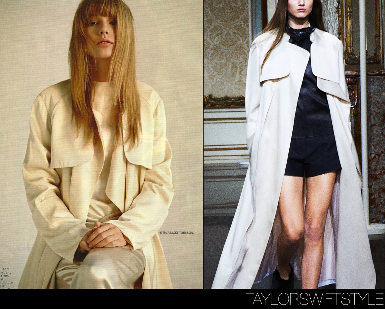 In a photo spread for Elle magazine | March 2013Céline Summer 2013 RTW &#8216;Cream Shiny Compact Twill Trench&#8217;Taylor appears fresh faced and decked out in an all Céline cream ensemble - available only at Bergdorf Goodman&#8217;s in NYC.Worn with: Céline pants