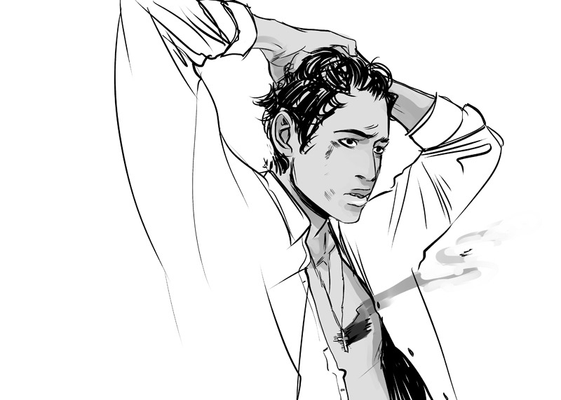 sarahreesbrennan:

Saving Raphael Santiago is out today! 
http://www.shadowhunters.com/TheBaneChronicles/
Cassie is not the only one who can surprise people with illustrations by the lovely Cassandra Jean. Above is Raphael Santiago, looking smokin’. (Pardon the pun.)
In which Magnus turns detective in 1950s New York, has a lady friend inspired by Ella Fitzgerald, is paid a visit by a certain green friend, and being on the case to to save a young boy works out differently than he imagined…
Surprise, Cassie. Hope you enjoy, guys!

*sleepy blinking*
Very good chapter
Ragnor Fell is in it. 
Detective Magnus.
Sassy Latinos.
'nuff said.