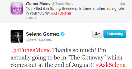 @selenagomez:.@iTunesMusic Thanks so much! I’m actually going to be in “The Getaway