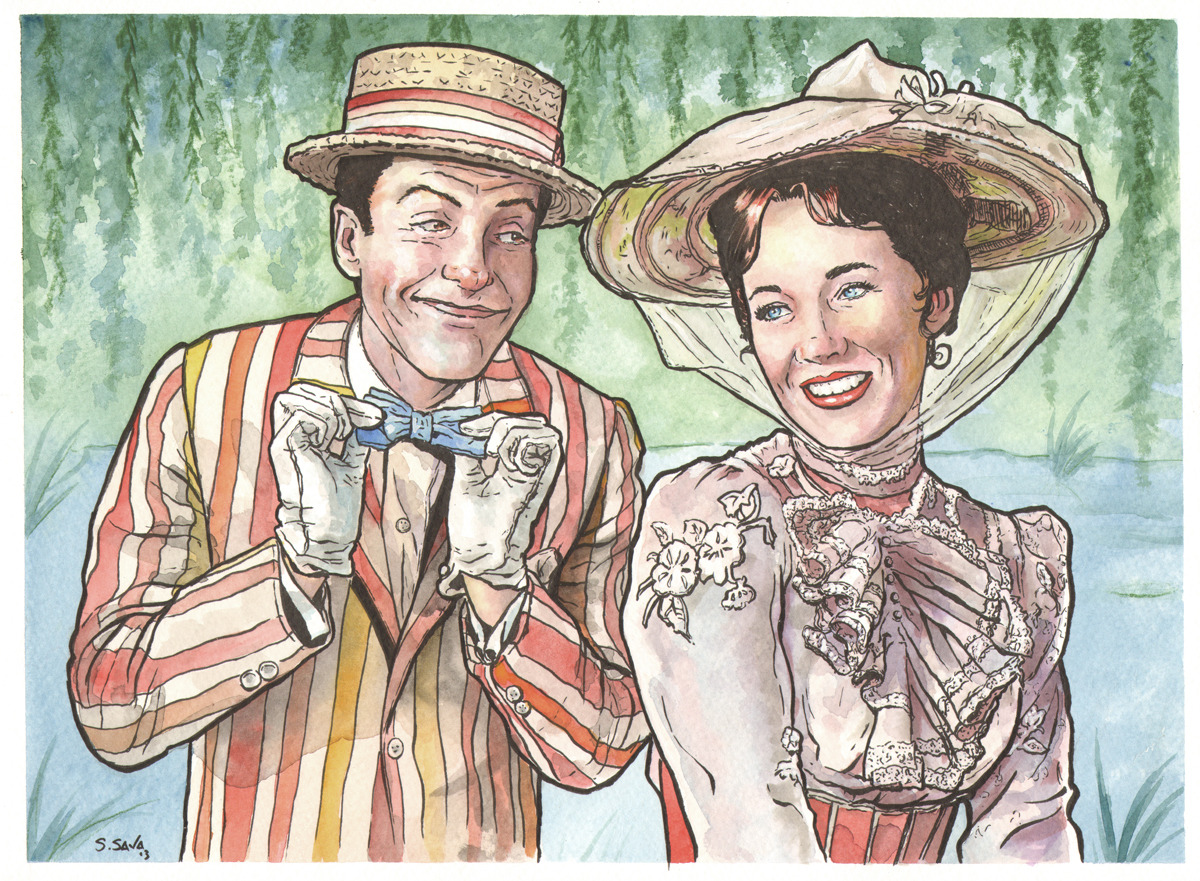 One of my favorite movies. Practically Perfect in EVERY way!Really enjoyed painting this one. I love Mary and Bert!Painting is 9x12 inches on Strathmore Watercolor paper.Done in inks and watercolors.You can see more of my work here…http://www.etsy.com/shop/ScottChristianSavaand here…http://ssava.tumblr.com/ThanksScott