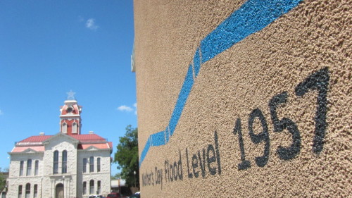 This is the flood-line from the Mother&#8217;s Day Flood of 1957 in Lampasas, with the Lampasas County Courthouse in the background. It&#8217;s a good 9 feet off ground level. This was a drought-buster, ending the drought of record of the 1950s. Since then, several reservoirs have been built West of town to manage flows. &#8212; Terrence #txwater