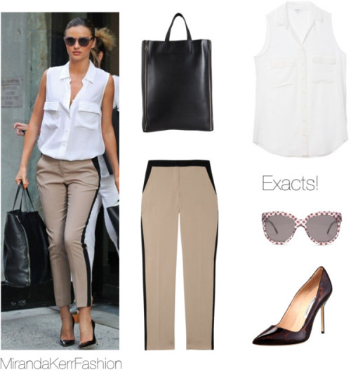 In this photograph Miranda wore this sold-out Equipment blouse, these sold-out A.L.C james wool pants, this Celine tote, these Manolo Blahnik shoes, and these Stella McCartney Patterned sunglasses. 
