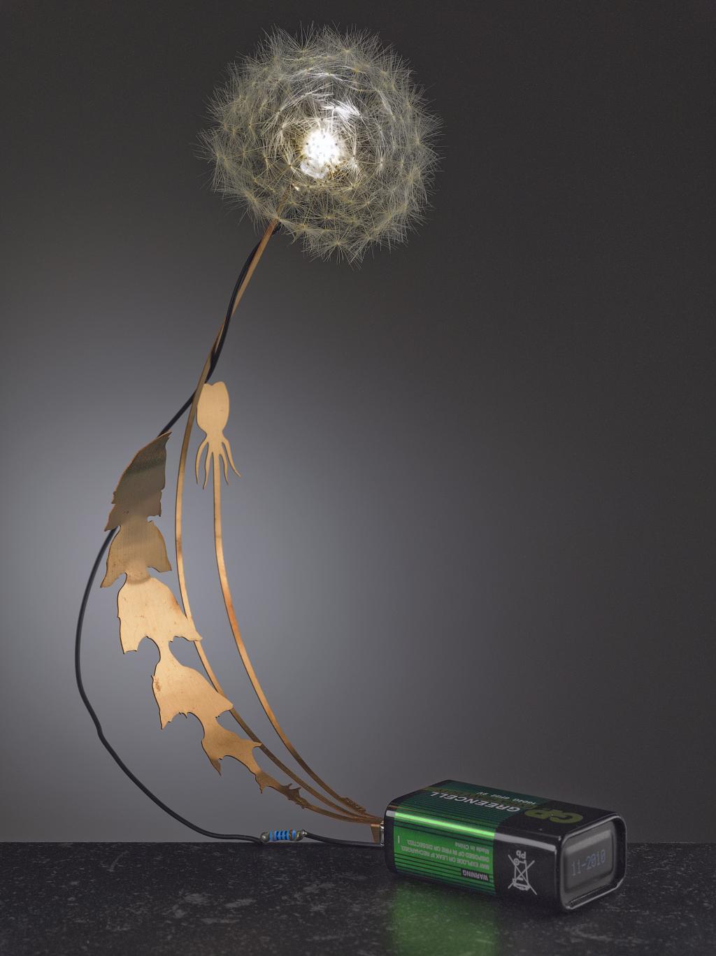 Studio Drift: Dandelight

Materials: phosphor Brons, real Dandelion, and LEDDandelight is a little luminous dandelion. This little piece of real nature lightens up by batteryfood. The real dandelion seeds are one by one connected to the L.E.D.

