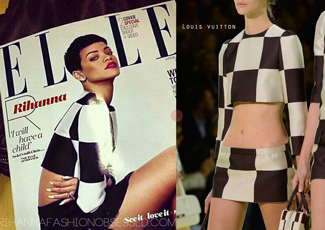 Sneak peek: Rihanna on the cover of ELLE UK&#8217;s March/April issue. In theme with the Monochrome trend the singer wore a Louis Vuitton checkerboard patterned crop top from the spring/summer 2013 collection. This cover is one of four special covers Rih will covering so, be sure check back soon for more of her looks!

Click for behind the scenes teaser

Update: Rihanna is wearing a black zip split skirt from her Rihanna For River Island line. 
