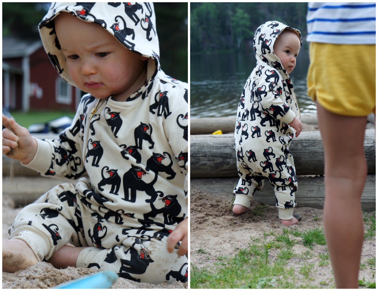 On a cloudy day we packed a take along lunch and drove to this beautiful lake surrounded by the forest. The water was incredibly warm, surely warmer than the air. I forgot to pack any long sleeves but luckily found my friends Panther overall from my car. Without this the baby would had been too cold&#8230;. Thanks for borrowing&#8230; :) 
The dreamer boy wears top by Bobo Choses and shorts by Mini Rodini. Baby&#8217;s overall is from Mini Rodini too. 