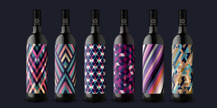 Some colour for Friday! Bold and geometric pattern labels for Motif Fine Art Wine, designed by En Garde, Germany.
(You might have noticed that we have updated our Tumblr theme slightly to reflect the rest of the pink/red Grogger Empire. Looks great with these patterns – hope you like it!)