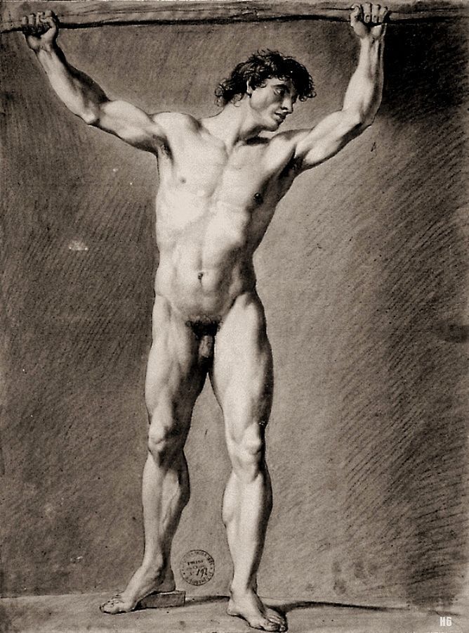 Male Nude arms raised. academic study. 1790. Jean Baptist Legier. French. black stone heightened with white chalk on paper. Beaux- Arts. Paris.
http://hadrian6.tumblr.com