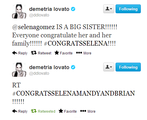 Demi Lovato’s tweets about Selena becoming a big sister and congratulating Mandy and Brian!