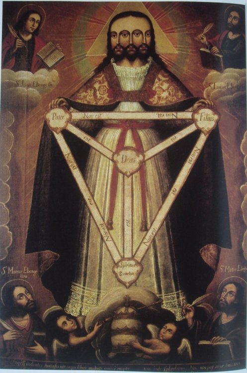 luxoccultapress:

Trinidad Trificela - The Three-Faced Trinity, an iconographic type of the Godhead that fell into disuse (or rather, was effectively outlawed as heterodox) in the wake of the Reformation. Also of note is the Scutum Fidei - the “shield of faith”, which proclaimed the Christian belief in the Holy Trinity: Three Persons, each distinct from each other, but sharing one divine essence.
