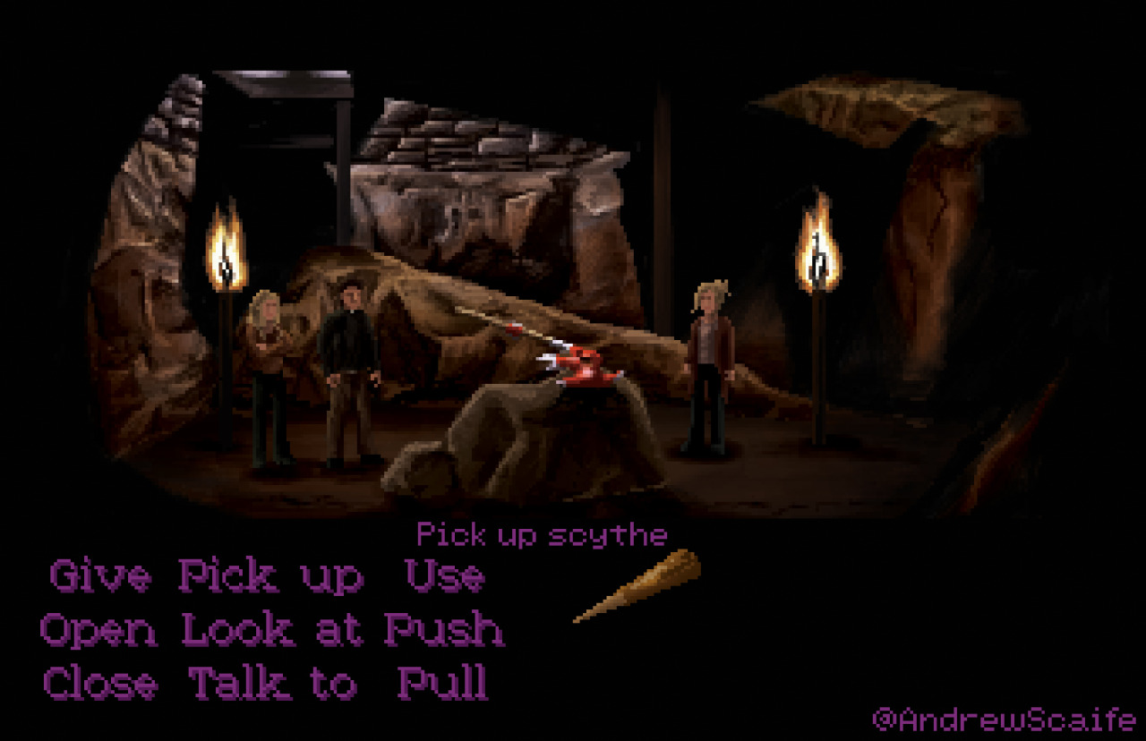 Buffy the Vampire Slayer as a LucasArts point and click adventure game
This was a lot of fun to do. Particularly in thinking about which scenes to draw and also realising just how suitable the Buffy stories are to this type of game. There are so many objects and puzzles to solve. It made me think it would be a good writing exercise to take your story and see if it would fit into this type of game. If it can&#8217;t then I suspect it&#8217;s probably lacking a little narrative propulsion. 
There are many, many other scenes I could have chosen (I&#8217;d still like to do 70s Spike on the subway car) but I thought one for each season was nice.
Some I chose because I wanted to show a specific location. Some I chose based on a gag that I thought would be funny e.g. Cordelia&#8217;s spatula and Willow&#8217;s broken crayon.
Here&#8217;s each episode I used as reference:
Season 1 - Welcome to Hellmouth
Season 2 - Inca Mummy Girl
Season 3 - Homecoming
Season 4 - Hush
Season 5 - Triangle
Season 6 - Grave
Season 7 - Touched
I&#8217;m going to be at the Bristol comic expo this weekend selling some prints.