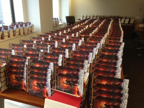 Guess what I signed today? The first 1000 copies of House of Hades, kept under lock and key at the Disney Publishing offices in New York. These will be shipped out to various booksellers in time for the release date on October 8. Yes, I know it&#8217;s unfair of me to show you this picture, but rejoice: the book is a real thing! It&#8217;s always a thrill to see the newest book up close and personal for the first time. 583 pages, in case you&#8217;re wondering, not including the glossary, etc. In other news, I wore a purple shirt to go to New York today, and packed an orange one for the trip back. Totally unplanned. And now, I shall rest my signing hand in a bucket of ice &#8230; 