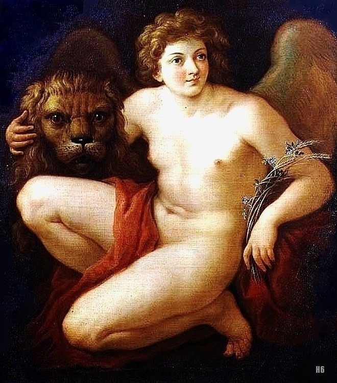 Peace Holding a Lion&#8217;s head.  18th.century. Giovanni Battista Cipriani. Italian 1727-1785. oil/canvas.
http://hadrian6.tumblr.com