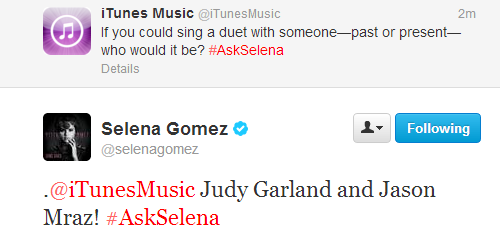 @selenagomez:.@iTunesMusic Judy Garland and Jason Mraz! #AskSelena
