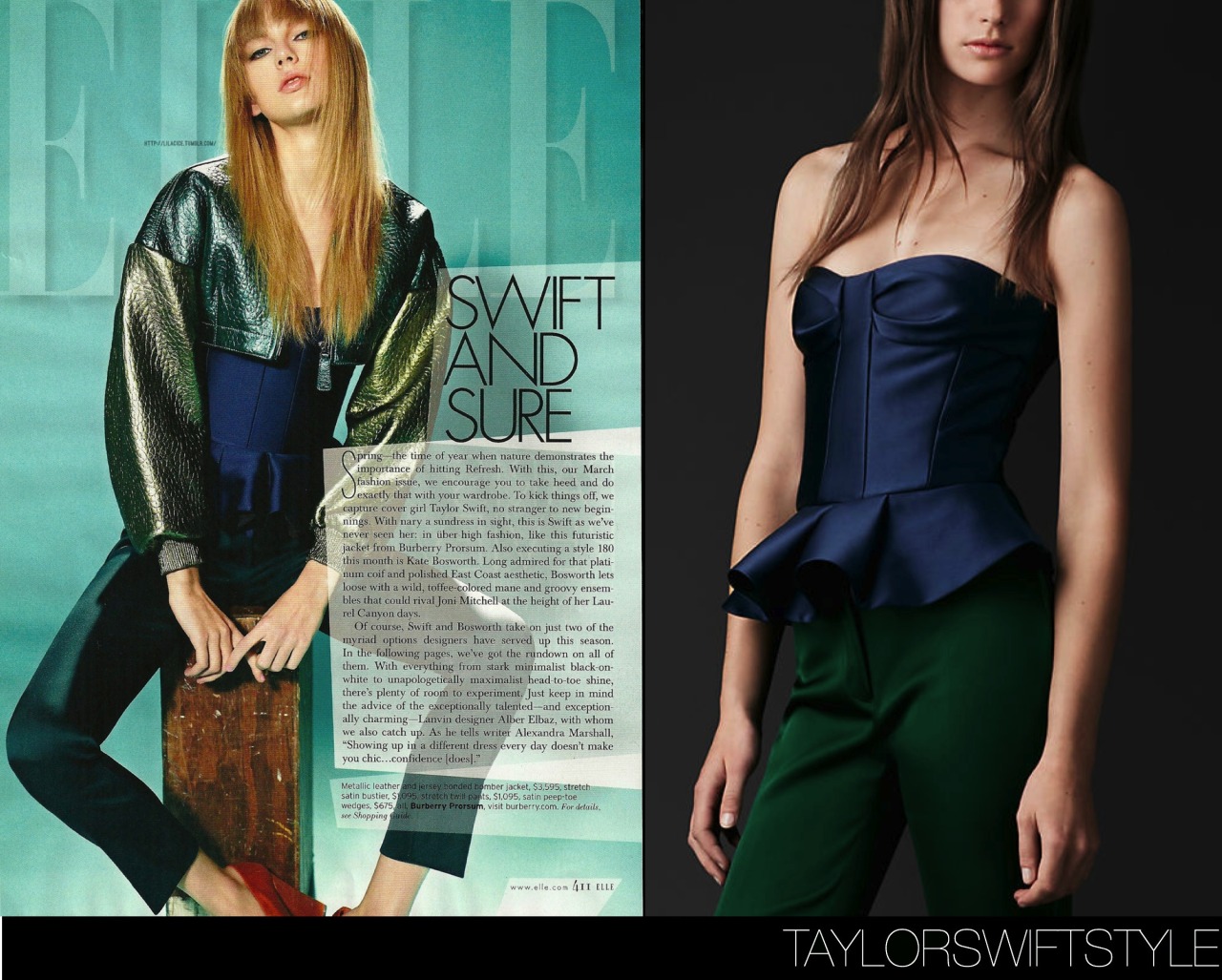 In a photo spread for Elle magazine | March 2013Burberry Prorsum &#8216;Stretch Satin Bustier&#8217; - $1095.00Worn with: Burberry Prorsum jacket and Burberry Prorsum wedgesGET THE LOOK: ASOS top