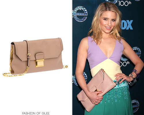 Dianna Agron arrives at the Glee 100th Episode Celebration, Los Angeles, March 18, 2014 Thanks caped-bandit! Miu Miu Calf Leather Shoulder Bag - $1,690.00 Worn with: Miu Miu sandals Also worn in: Los Angeles, May 12, 2014 with Dolce &amp; Gabbana sunglasses, Madewell jacket, Madewell dress, Jennifer Fisher ring, Prada sandals Beverly Hills, May 13, 2014 with Ray-Ban sunglasses, J. Crew dress, Soludos shoes