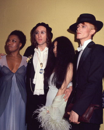John Lennon, Yoko Ono Lennon, and David Bowie at the GRAMMY Awards March 1, 1975