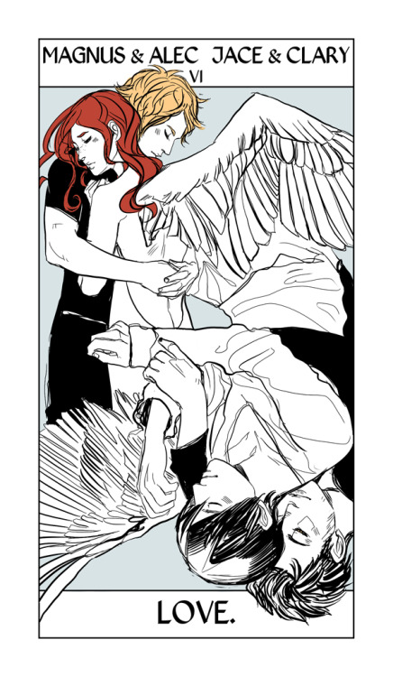 More of Cassandra Jean&#8217;s Shadowhunter Tarot!   Here Magnus and Alec, Jace and Clary takes the place of the Lovers Card: just as Love.