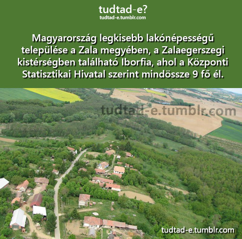 <p>Magyarorszg legkisebb laknpessg teleplse a Zala megyben, a Zalaegerszegi kistrsgben tallhat Iborfia, ahol a Kzponti Statisztikai Hivatal szerint mindssze 9 f l.</p>