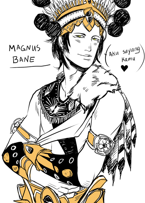 aougfhg THE BANE CHRONICLES! They begin soooon!! I&#8217;ve only read one of them so I&#8217;m super stoked. (Not that this drawing has anything to do with anything in any of the chapters)
Anyway, I felt like drawing a properly Indonesian Magnus so&#8230; HERE. (and apologies for any errors in the costume ;3; I&#8217;m pretty sure Y&#8217;all don&#8217;t use fur in your traditional clothing etc etc but I had fun with it.)
