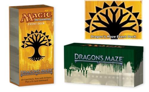 Magic: the Gathering - Dragon’s Maze Event DeckTo be released 24 May, 2013, the Dragon’s Maze Event Deck is a single version (instead of 2 different themes), upgraded to include 10 Rare cards. The Event deck has a suggested retail price of $25 and includes the following -• 1 60-card deck,• 1 15-card sideboard,• 1 Spindown lifecounter, • 1 strategy insert, and• 1 card boxStrength of Selesnya (g/w) - Show your enemies the true strength of Selesnya! Multiply your creatures to build an overwhelming force that will crush any defense. Prove to your foes that a single seed can spawn the mightiest army.