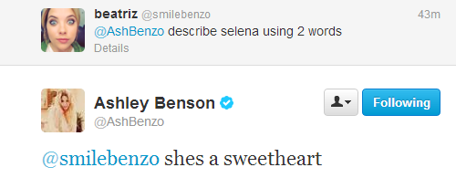 
Ashley Benson says Selena Gomez is a “sweetheart"!
