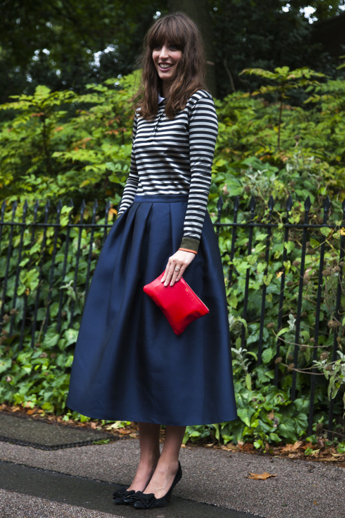 A stripy sweat will make your satin balloon skirt look all Parisian and chic.