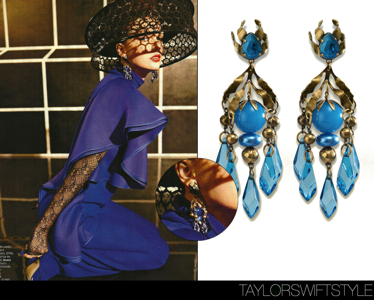 In a photo spread for Elle magazine | March 2013Gucci &#8216;Earrings with Turquoise Pendants&#8217; - $970.00Worn with: Gucci top/pants, Gucci booties and Alexander McQueen headpiece