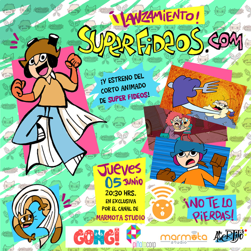 Este jueves 05, a las 20:30 hrs. es el estreno del corto animado de Super Fideos realizado junto a Gong! estudio de animacion y Piñata Corp. Solo por el canal de Marmota Studio:http://www.youtube.com/user/MarmotaStudio!No te lo pierdas! :D