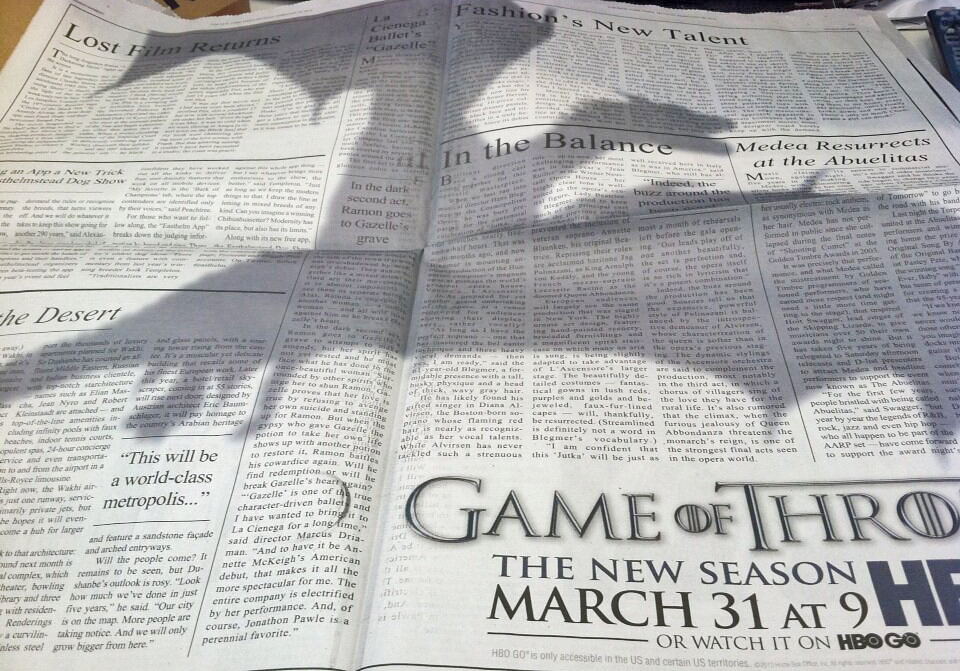 Game of Thrones Dragon Ad Takes Over The New York Times