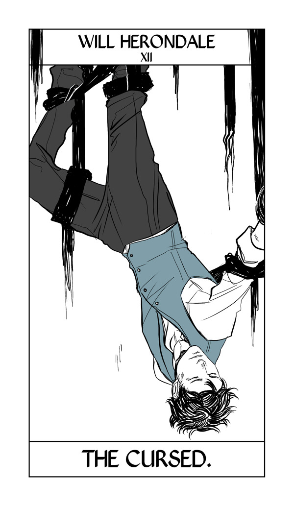 cassandraclare:

More of Cassandra Jean’s Shadowhunter Tarot!  We’re further into the Arcana, with the characters from other series showing up. Here Will takes the place of the Hanged Man, bound in an impossible situation.

I wish I had a Will Herondale hanging from my ceiling. 