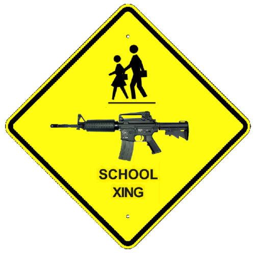 School crossing sign featuring assault rifle