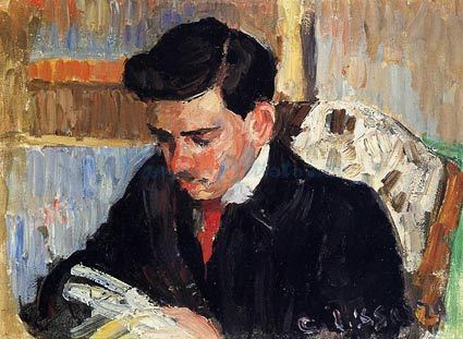Rodo Pissaro reads in a painting by Camille Pissaro.