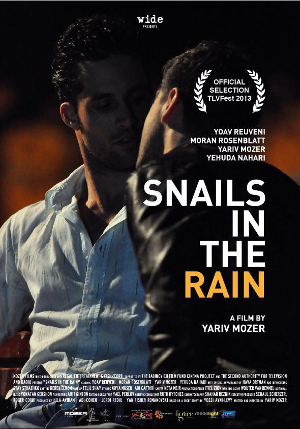 Snails In The Rain (Shablulim Ba’Geshem) Feature film Director: Yariv M. Mozer Cast: Yoav Reuveni (Boaz), Moran Rosenblatt (Noa), Yehuda Nahari (Nir), Yariv Mozer (Professor Richlin) Israel | 2013 | 82 min
ENG - He thought it was a mistake. A long white envelope is placed inside his post office box. Only his name appears on it. “Dear Boaz, Don’t ask who I am or how I know you. I think about you a lot. I feel quite embarrassed to sit here at my desk and write you this letter, but I don’t have the courage for much else. I shall write again.” He crumples up the paper. He’s so surprised that he giggles, blushes, checks to make sure no one’s looking. On his way to Tel Aviv University for his linguistics class, he begins to forget about it. When he comes home to his girlfriend, Noa, she’s baking his favorite cake. They’ve been waiting to hear from Jerusalem’s Hebrew University about Boaz’s scholarship. The year is 1989, when people still waited by their mailboxes. Boaz, 25, is a beautiful and alluring linguistics student. Nearly every day he comes to the post office to find out about his scholarship. But instead he receives anonymous, obsessive love letters. They expose the inner world of their author, a deeply closeted homosexual. Who is the man who has invaded Boaz’s private life? How does he know so much about him? The persistent letters make Boaz extremely sensitive. Every man is a potential suspect—but it is his own heterosexuality that Boaz really doubts. He’s now haunted by memories from his past, unforgettable moments when he felt attracted to other men: Nir, his fellow combat soldier or the German man who slept above him in a European youth hostel. These men manage to disrupt Boaz’s daily life with Noa. In his fourth letter, the secret admirer gives Boaz an ultimatum. “At precisely 22:00, Thursday, I will be hiding at a position from which I can observe your windows. If you want me to continue writing, you will turn the kitchen lights on and off three times… But if you do not, I will never bother you again. In that case, this letter will be my last.” It’s almost 22:00 and Boaz doesn’t know how to reconcile this difficult decision with Noa and his own emotional turmoil.
imdb | website
Trailer
Excerpt
Excerpt
Excerpt