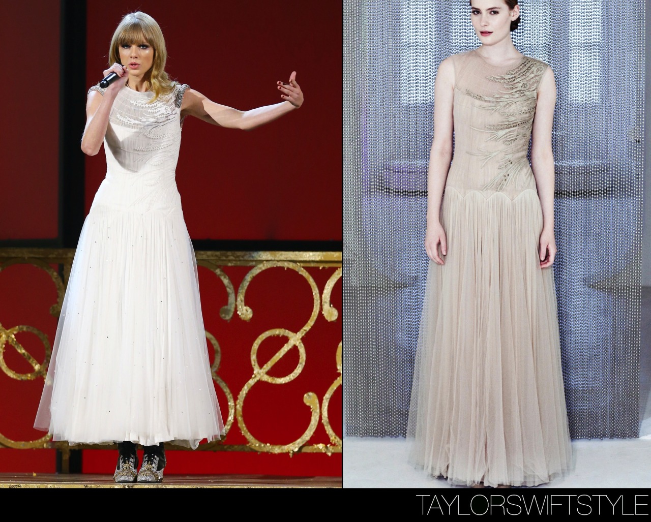 Performing at the American Music Awards | November 18, 2012Catherine Deane Spring 2013 &#8216;Ophira Dress&#8217;Last year Taylor brought the house down at the American Music Awards when she performed &#8220;I Knew You Were Trouble.&#8221; for the first time ever. The performance featured one of Taylor&#8217;s signature on-stage costume changes where she switched from this Catherine Deane Spring 2013 gown to a custom costume. 