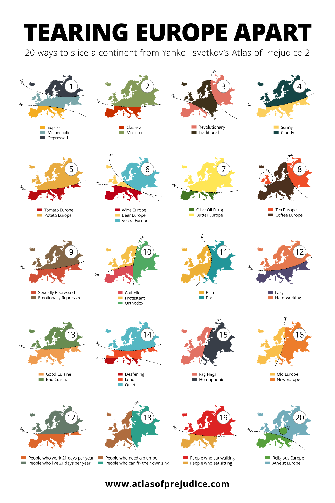 20 ways to slice the European continent from Atlas of Prejudice 2 by Yanko Tsvetkov.