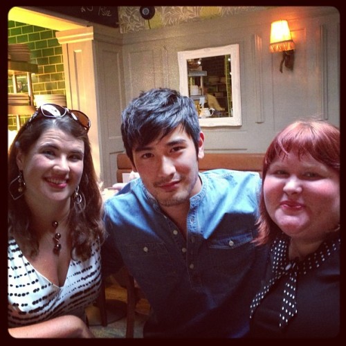 Me and Sarah and Godfrey Gao out and around in London. Godfrey once saved a kitten from a well.