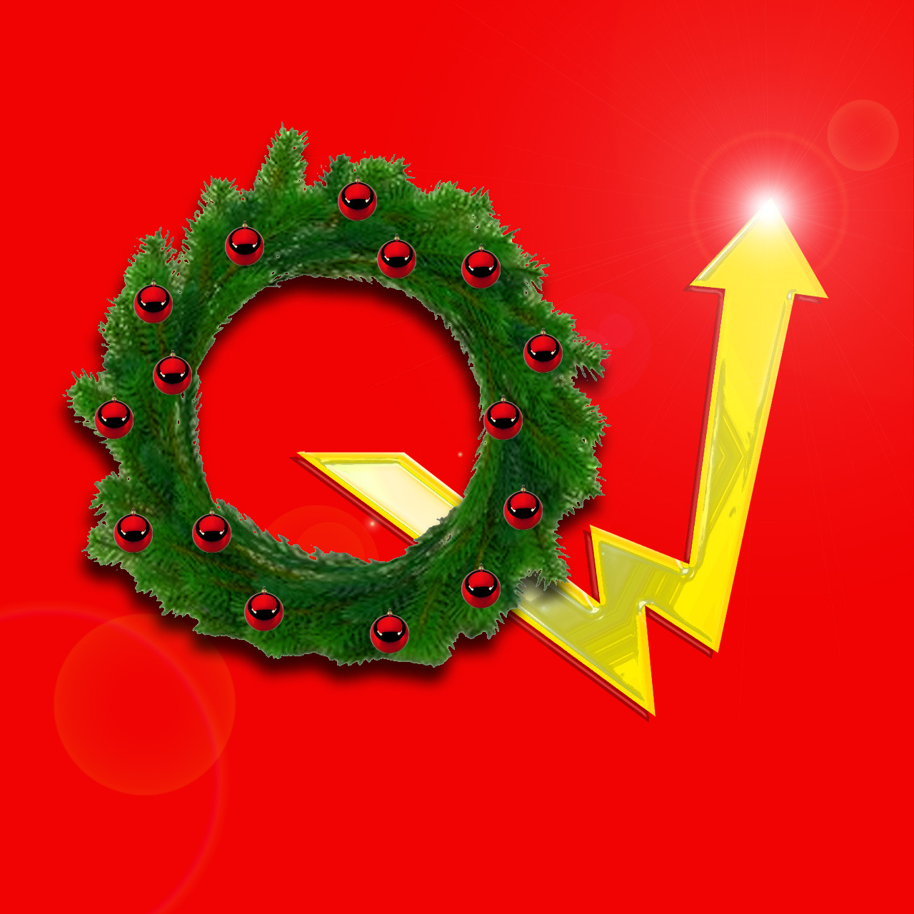 Sur fond rouge, une couronne de Noël [cercle vert, comme des branches de sapin] et une flèche jaune indiquant une hausse, flèche qui rappelle le symbole d'Hydro-Québec