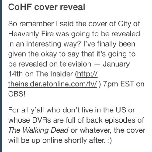 Exciting news from @cassieclare1 about the City of Heavenly Fire&#8217;s cover reveal!!!!! We&#8217;ll see it next week!