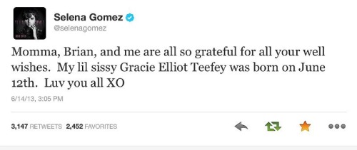 Selena’s little sister’s name is Gracie Elliot Teefey, born June 12, 2013!