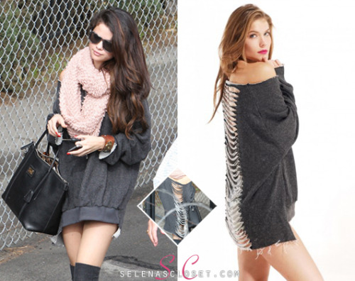 Selena Gomez was photographed heading once again into the studio today wearing a Slit Back Detail Sweatshirt in color Charcoal. Unfortunately this sweatshirt is now sold out. <br /> For a similar look, check out this French Terry Shredded Sweatshirt for $58 on tobi.com <br /> She&#8217;s also wearing Steve Madden boots and carrying her Dolce &amp; Gabbana handbag. We&#8217;re still looking for the rest of her outfit.