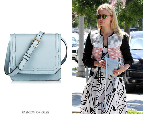 Dianna Agron enters an office building, West Hollywood, April 3, 2014 Thanks fashionbyeleanor! Dannijo &#8216;Lypton&#8217; Bag - $698.00 Worn with: Ray-Ban sunglasses, Anthropologie jacket, Jennifer Meyer rings, Rodarte for Opening Ceremony booties Also worn in: Indio, April 11, 2014 with Mara Hoffman dress, Jennifer Fisher ring, Anthropologie iPhone case, Tory Burch sandals Indio, April 13, 2014 with Miu Miu sunglasses, Mara Hoffman poncho, Jennifer Fisher ring, Soludos sneakers Check out more pale blue bags: 
