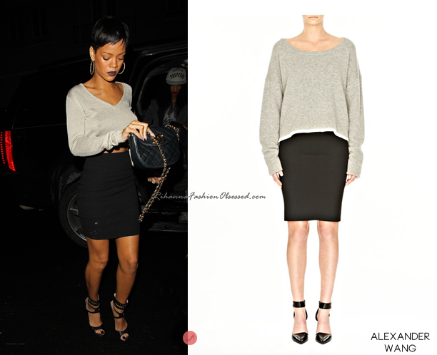Rihanna was seen over the weekend with her best friend, Melissa Forde, entereing and leaving a club in LA wearing Jimmy Choo&#8217;s Blade Cuff sandals &amp;  a black pencil skirt from Alexander Wang while carrying a Chanel handbag (don&#8217;t know where her top is from).