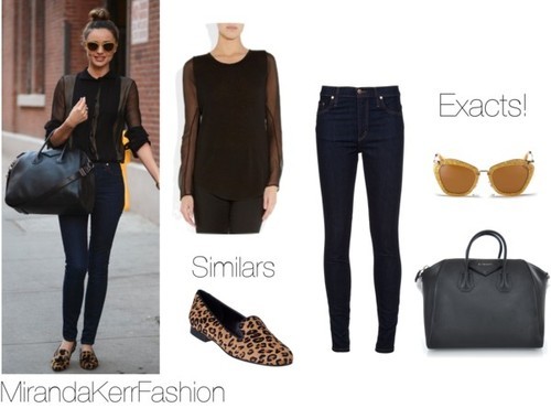 Miranda looked gorgeous wearing these nobody cult skinny jeans, these miu miu sunglasses, her givenchy bag, and a pair of leopard print loafers with a hassle on them. Here is a similar version. She has also worn this sheer black blouse a couple of times, which is similar to her sold out 3.1 Phillip Lim blouse. Will update if I found the exacts! xxx