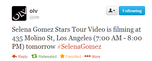 @olv:Selena Gomez Stars Tour Video is filming at 435 Molino St, Los Angeles (7:00 AM - 8:00 PM) tomorrow #SelenaGomez