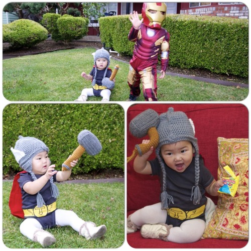 1yo Lucy loves the Avengers too!  Our Baby Thor loves to fight injustice with her handy hammer Mojlnir.