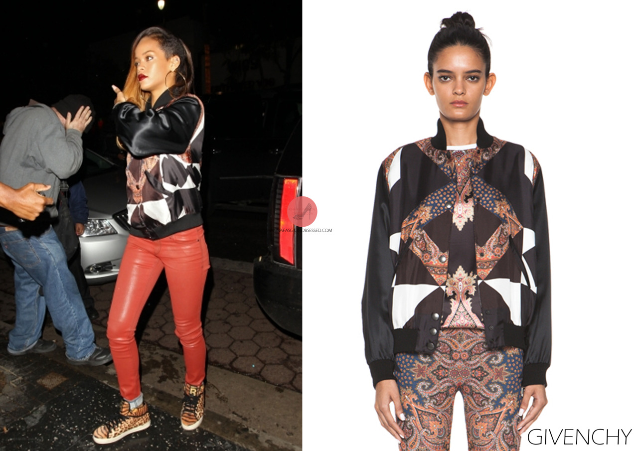 Rihanna last night in LA spotted at &#8216;My studio&#8217; nightclub. The singer wore a multi print bomber jacket by designer Givenchy and a pair &#8216;T-raww&#8217; leopard print sneakers by American rapper Tyga for Reebok due to be released in March.

update: red leather jeans by Habitual