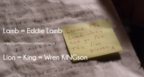 Looking into A&#8217;s note to Toby.

Above is the picture of the note that A left for Toby. Spencer and Toby were right saying that the Lamb meant Eddie Lamb but could they have actually miss understood the message. Instead of going to Dr Palmer should have they have gone to Wren Kingson instead.
A Lion is known in the jungle as the King and who has King in their name - Wren! Perhaps Toby and Spencer should be questioning Wren about Toby&#8217;s mother Marion. 