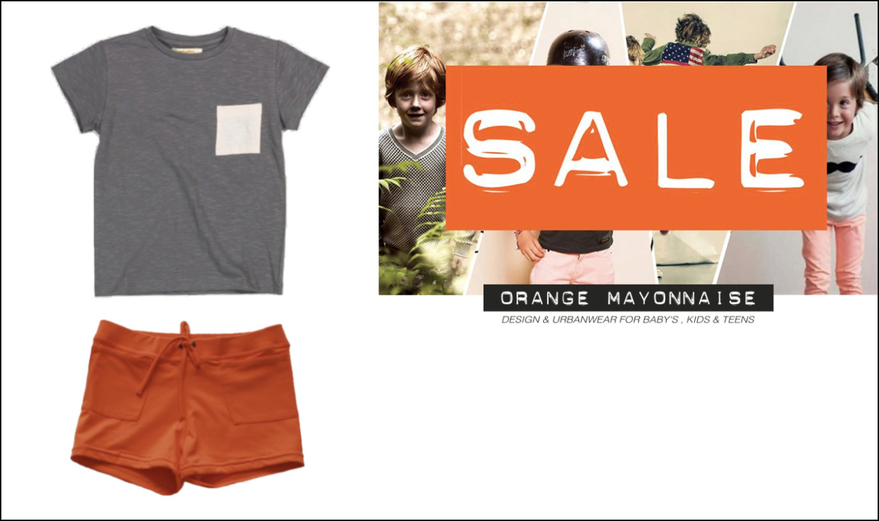 Summer sales are going on at Orange Mayonnaise&#160;! 
For these hot summer days we&#8217;d pick the &#8216;wear anywhere&#8217; grey pocket tee by Soft Gallery and the bright colored little shorts by Emile&amp;Ida.
The tee is available in sizes 2-10 years and the brand is not called Soft for nothing. The materials used are amazingly well chosen. 
The shorts can be found in sizes 2-8 years and are now at 30€! 