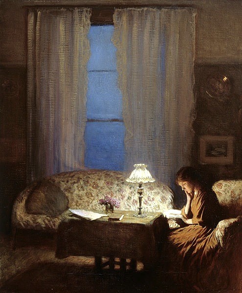 Reading by lamplight (Twilight: Interior),  – George Clausen 