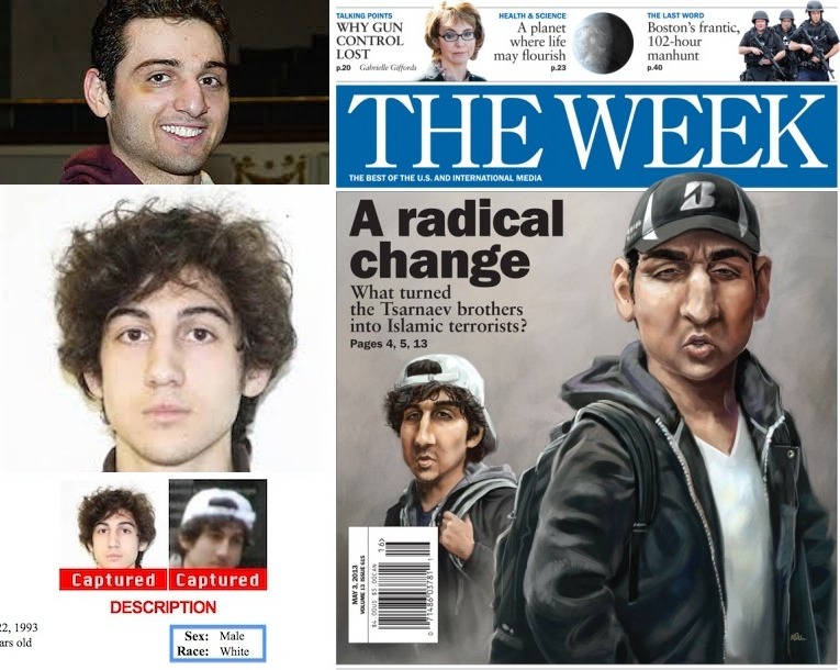 The photos released by the FBI stand by a much darker and more 'Arab-looking' caricature photo from a magazine called 'The Week'